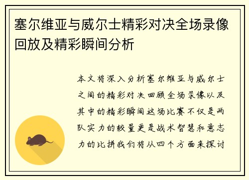 塞尔维亚与威尔士精彩对决全场录像回放及精彩瞬间分析
