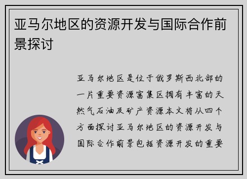 亚马尔地区的资源开发与国际合作前景探讨